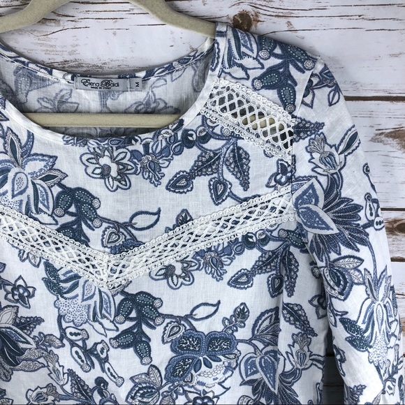 Elena Baldi Italy blue floral linen lace trim top - Picture 2 of 8
